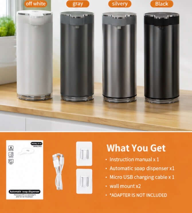 Touchless Automatic Soap Dispenser Rechargeable in various colors including off white, gray, silvery, and black.