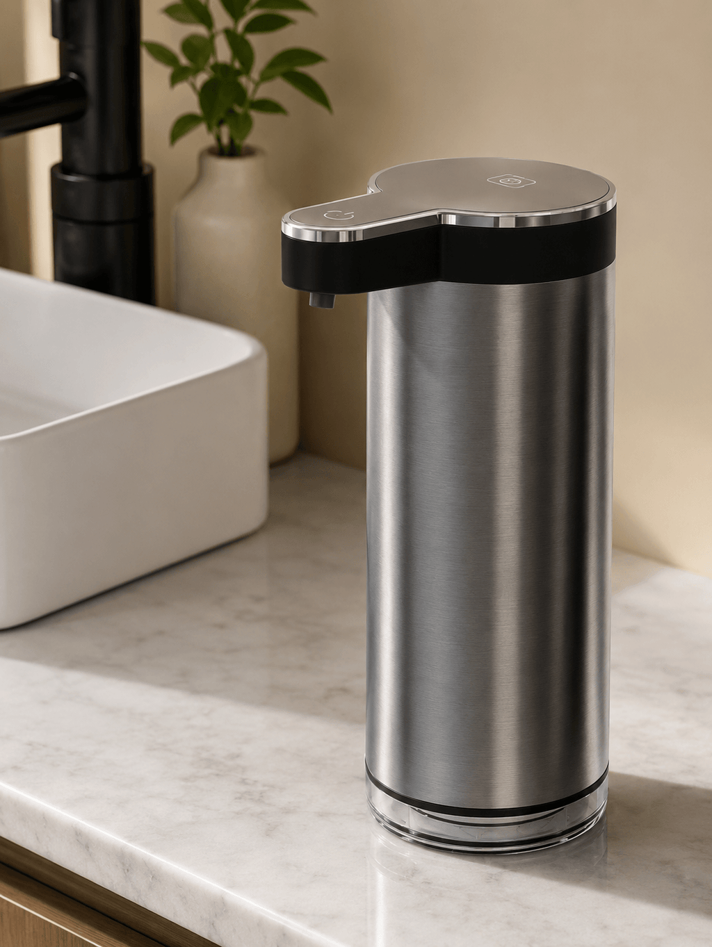Touchless Automatic Soap Dispenser Rechargeable in modern stainless steel design on kitchen countertop.