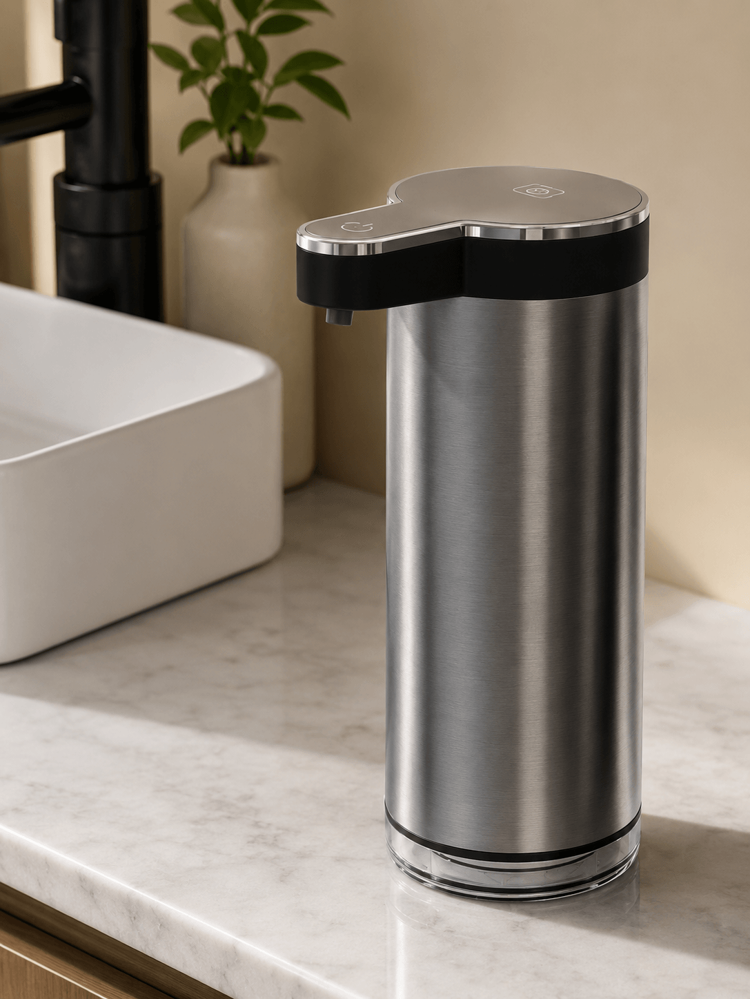 Touchless Automatic Soap Dispenser Rechargeable in modern stainless steel design on kitchen countertop.