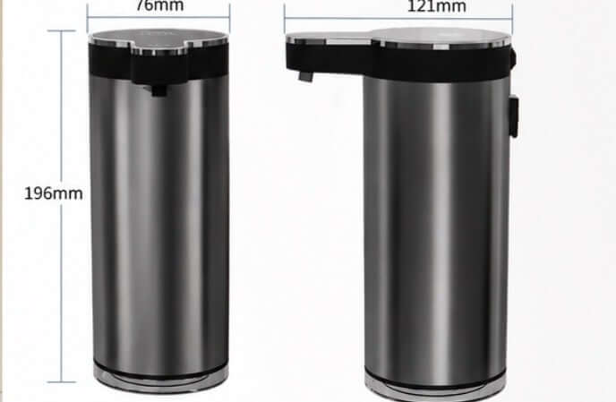 Touchless Automatic Soap Dispenser Rechargeable, sleek stainless steel design with dimensions shown.