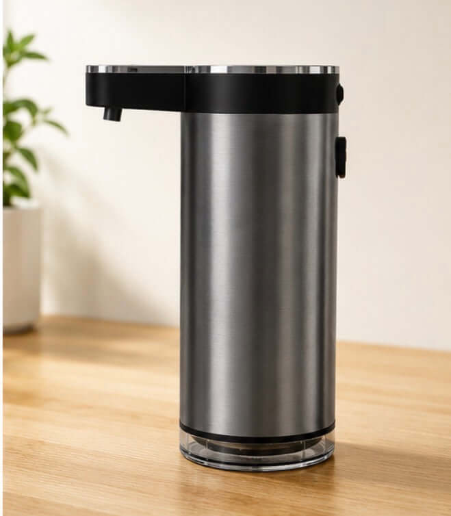 Touchless Automatic Soap Dispenser Rechargeable in sleek stainless steel design on wooden countertop.